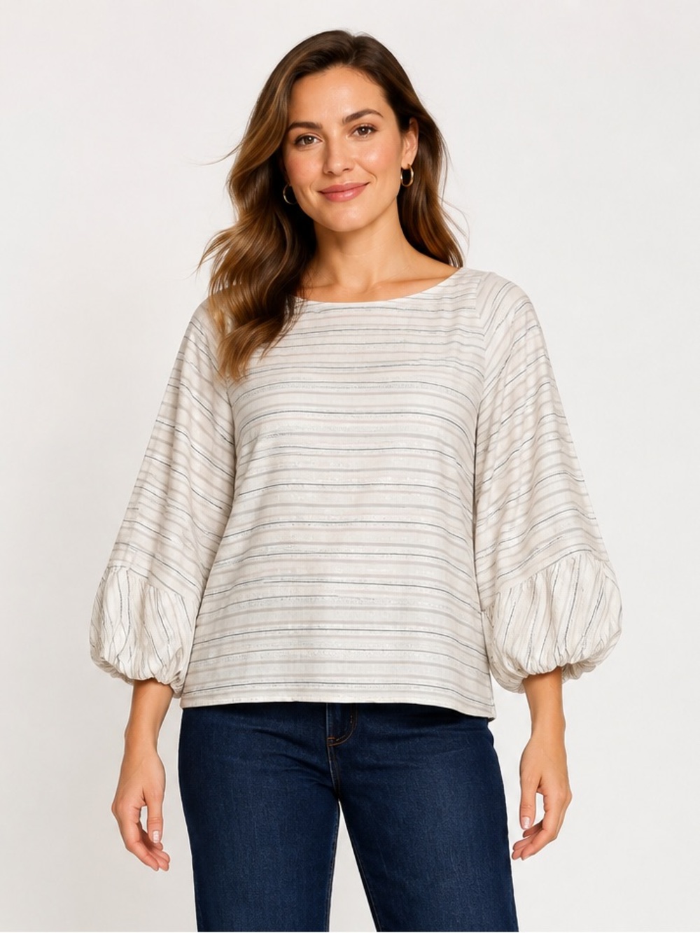 1.STATE NWT Metallic Stripe Balloon Sleeve Boat Neck Blouse Ivory M
